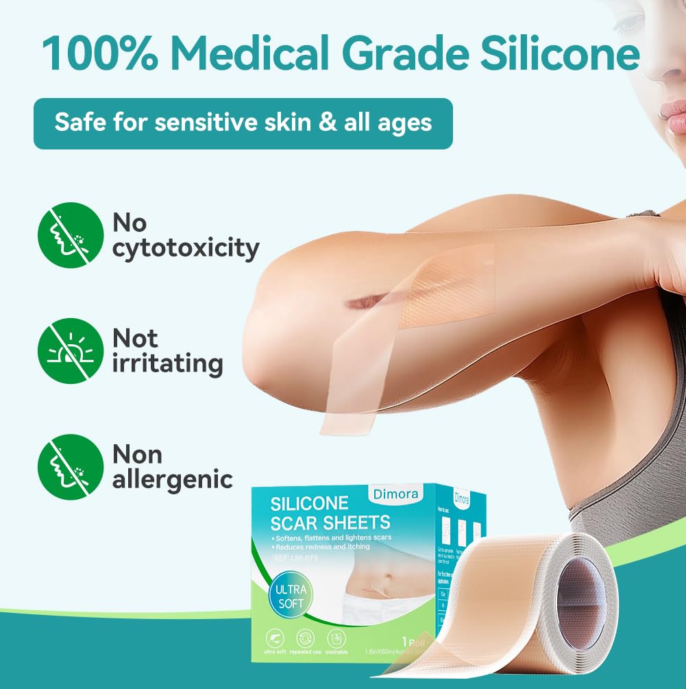 Dimora Medical Grade Silicone Scar Sheets -Ultra Soft Silicone Scar Tape (1.6”x60 Roll), Hypoallergenic Scar Removal Treatment for Surgical Scars, C Section, Tummy Tuck, Keloid Treatment