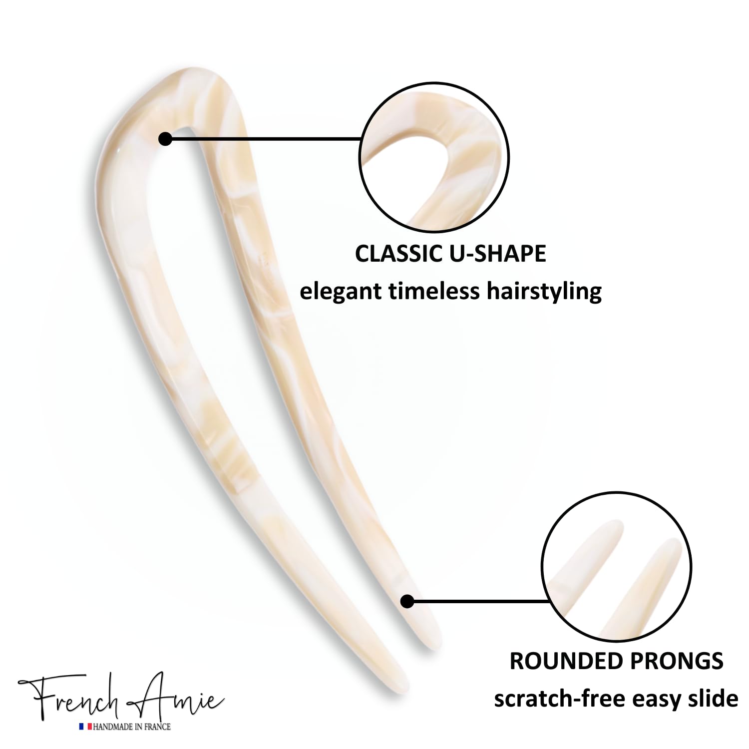 French Amie Ivory White Cream Handmade Large Cellulose Acetate Chignon Bun Holder U Hair Pin Stick (Ivory white cream)