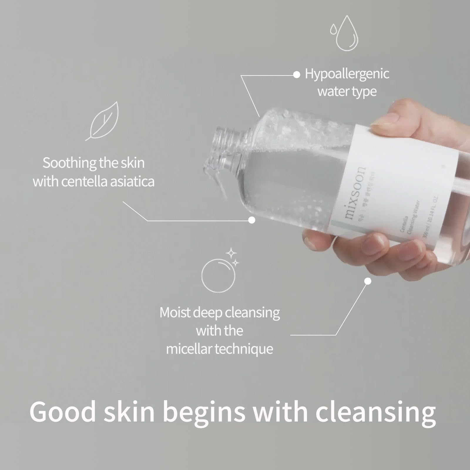 mixsoon Centella Cleansing Water 10.14 fl oz / 300ml,Face Cleanser for Sensitive Skin,Centella Asiatica, Aloe Vera