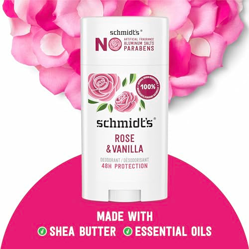 Schmidt's Aluminum-Free Vegan Deodorant Rose & Vanilla with 24 Hour Odor Protection 2 Count for Women and Men, Natural Ingredients, Cruelty-Free, 2.65 oz