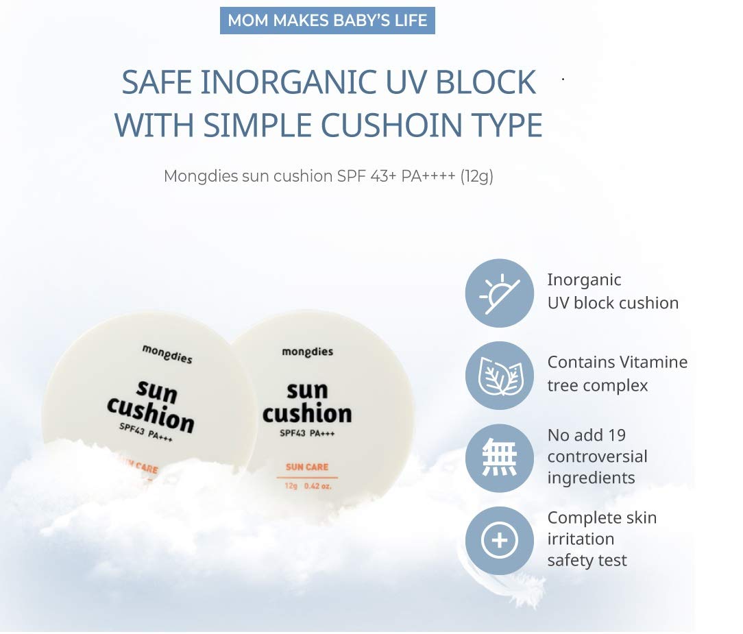 Mongdies Baby Sun Cushion SPF 43 PA+++ SAFE INORGANIC UV BLOCK WITH SIMPLE CUSHION TYPE, Contains Vitamine tree complex, Complete skin irritation safety test - 12g