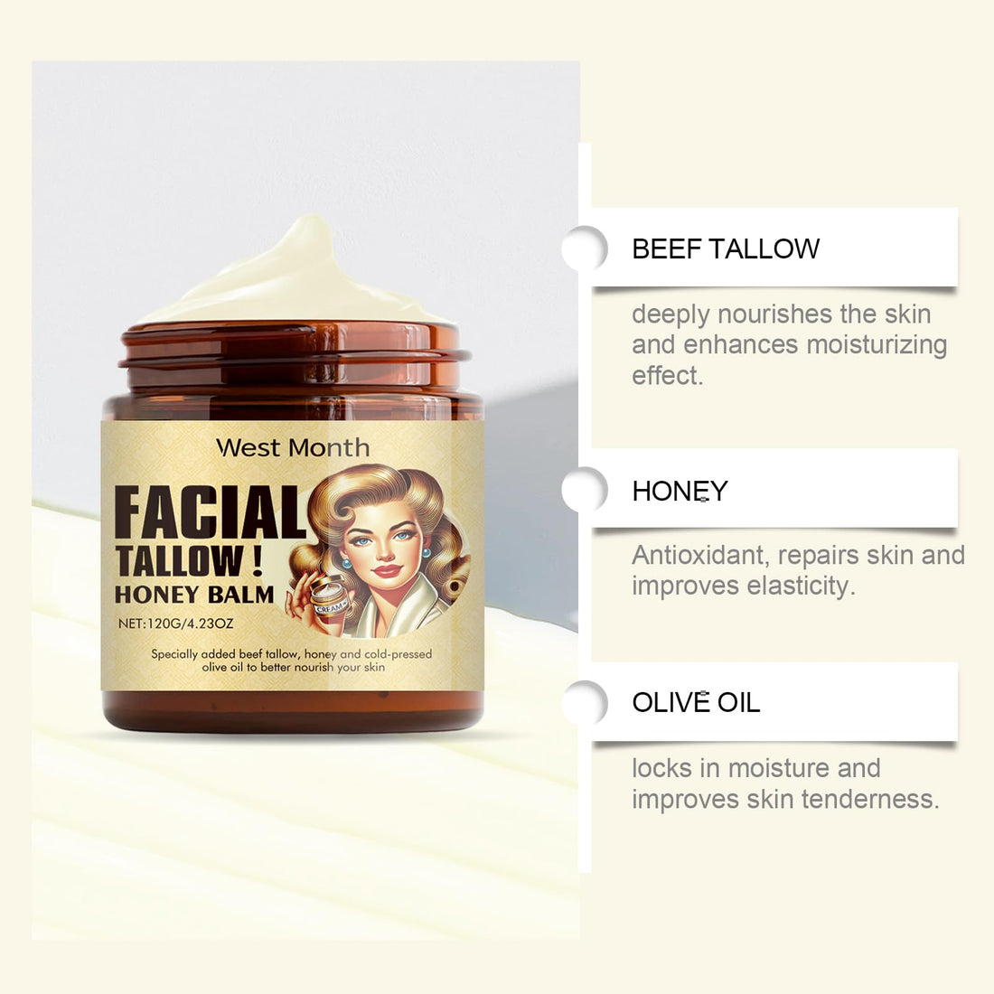 MUOCOBU Beef Tallow for Skin Grass Fed Tallow and Honey Balm, Tallow Face Moisturizer for Face & Body, Unscented, Multi-Purpose Balm, 4.23 OZ (1)