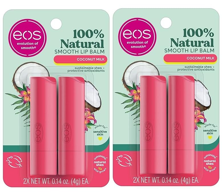 eos 100% Natural Lip Balm- Coconut Milk, All-Day Moisture, Made for Sensitive Skin, Lip Care Products, 0.14 oz, 4-Pack (2)