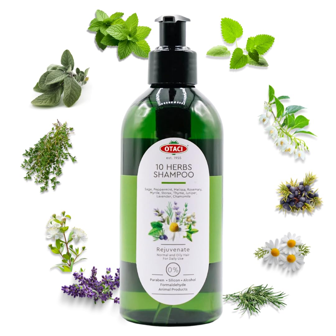 OTACI 10 Herbs Rejuvenate Shampoo for Bright and Shiny Hair, Sage, Peppermint, Melissa, Rosemary, Myrtle, Storax, Thyme, Juniper, Lavender, Chamomile, No Paraben & Silicon, Herbal Shampoo Normal Hair