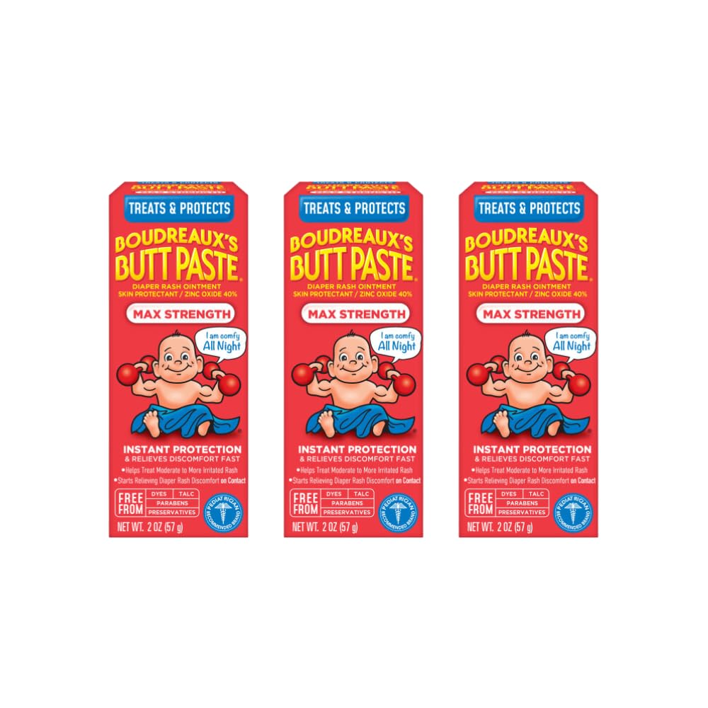 Boudreaux's Butt Paste Maximum Strength Diaper Rash Cream, Ointment for Baby, 2 oz Tube, 3 Pack