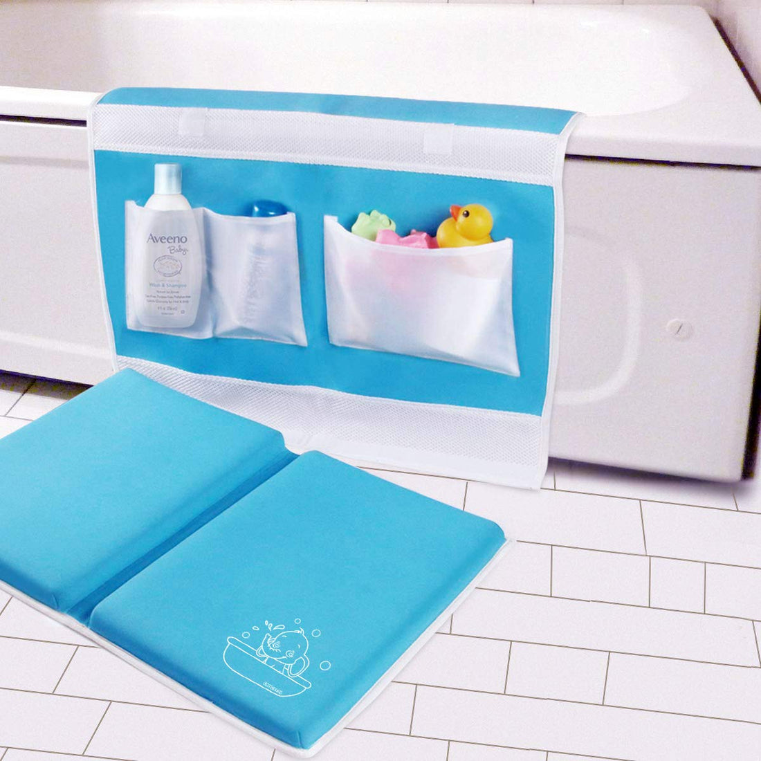 Bath Kneeler with Elbow Rest Bathtub 1.5 Thick Kneeler Mat with Toy Organizer - Bath Kneeling Pad for Baby Bath Time - Detachable and Foldable Child Bath Tub Pad for Parents- Blue