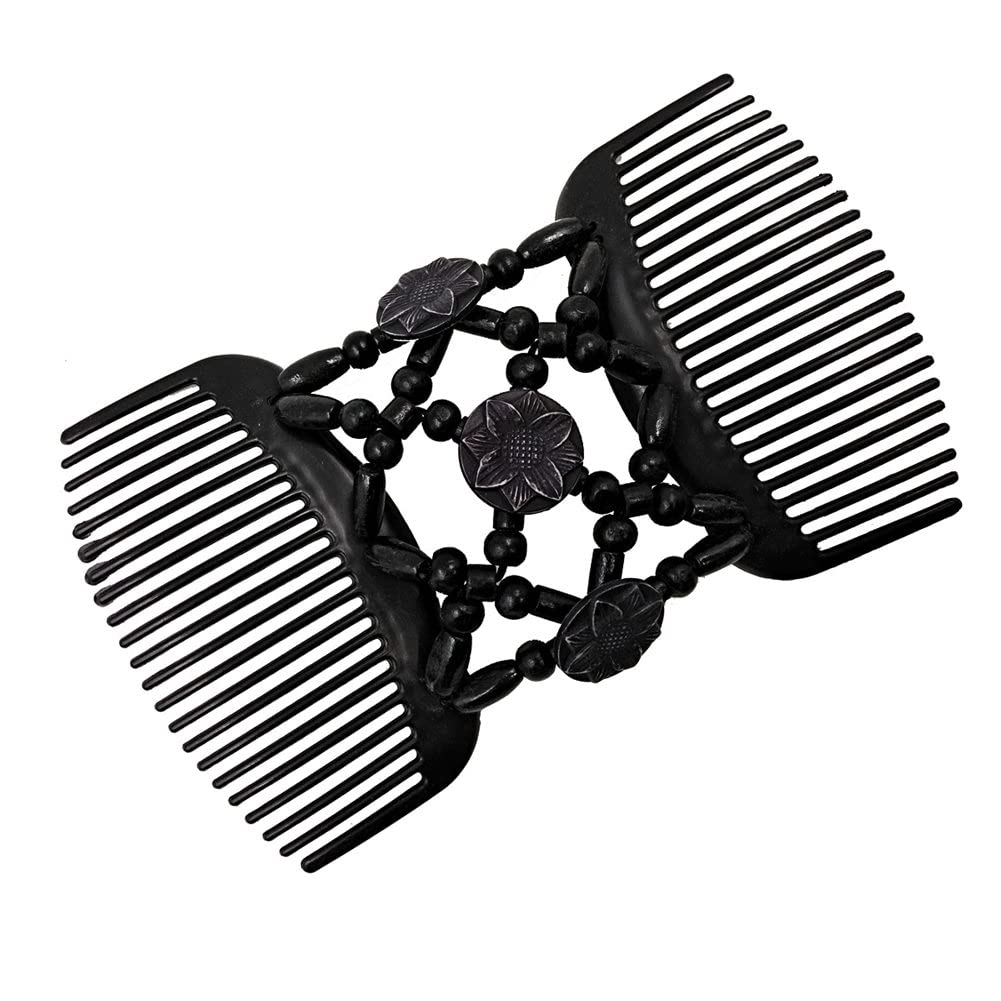 Lovef Women Magic Combs Wood Beaded Stretch Double Side Combs Clips Bun Maker Hair Accessories (Round Black)