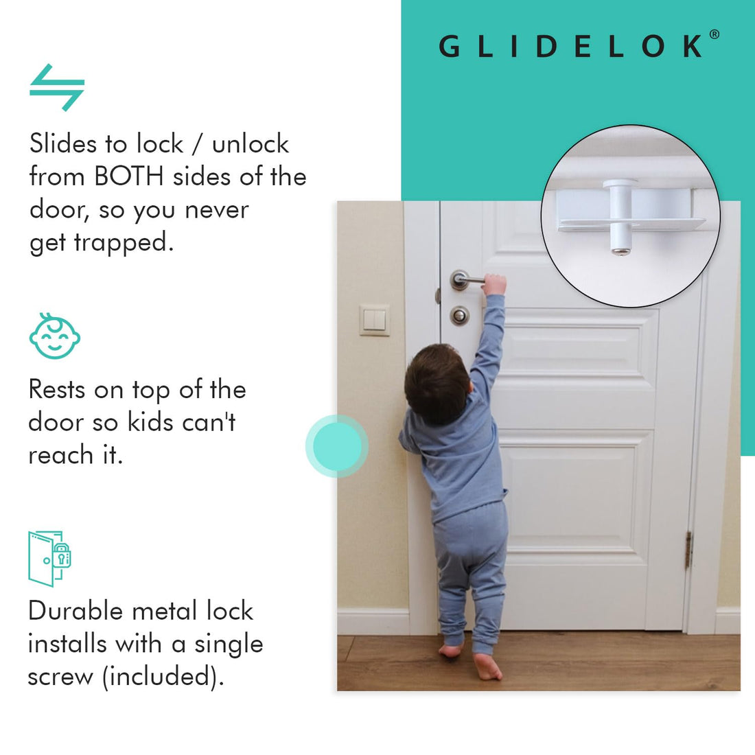 3 Pack – GlideLok Child Safety Door Top Lock | Adults Can Operate from Either Side | Works on Interior & Exterior Doors | for Elderly Caregivers, Toddler Parents