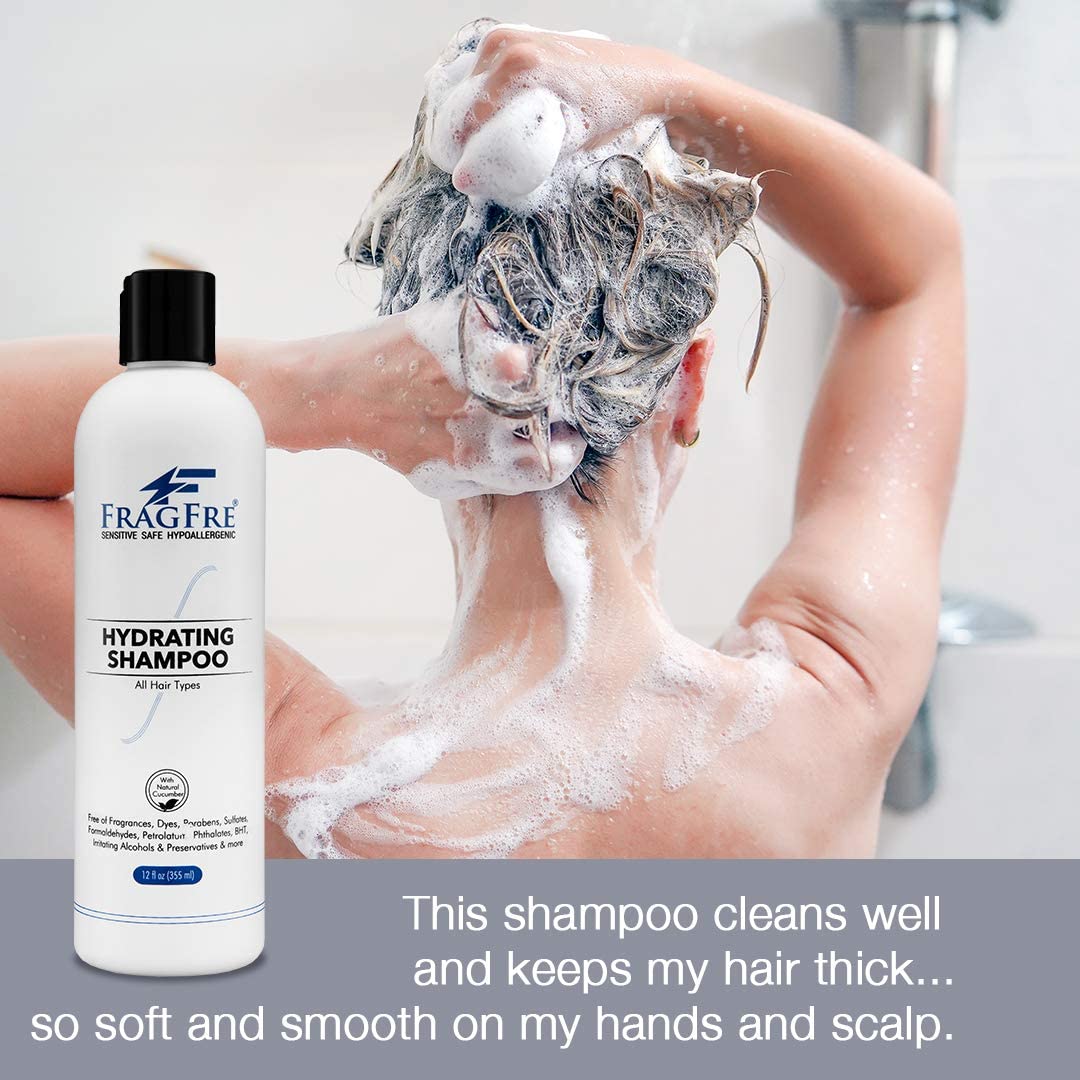 FRAGFRE Hydrating Sensitive Skin Shampoo 12 oz - Sulfate Free Shampoo - Fragrance Free Paraben Free - Color Safe Hypoallergenic Mild Hair Cleanser - Gluten Free Vegan Cruelty Free - Natural Cucumber