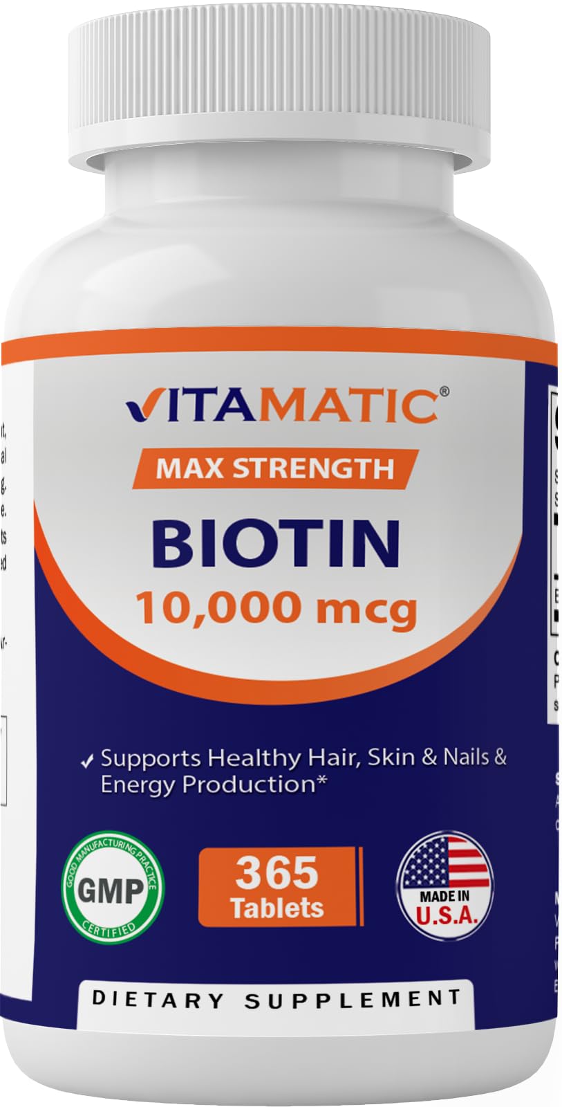 Vitamatic Biotin 10,000 mcg (10 mg) for Stronger Hair, Skin & Nails - 365 Vegan Tablets- Also Called Vitamin B7