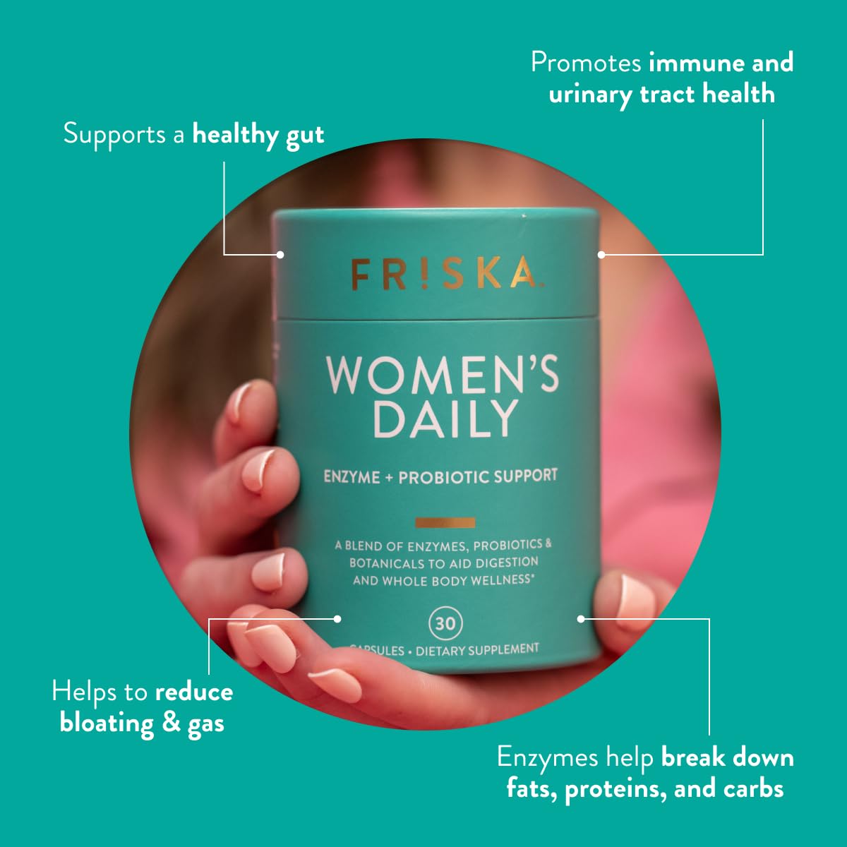 FRISKA Women’s Daily Digestive Enzyme and Probiotics Supplement, Advanced Natural Support for Female Digestive Health, Fights Bloating, Eases Digestion, Supports Nutrient Absorption, 30 Capsules