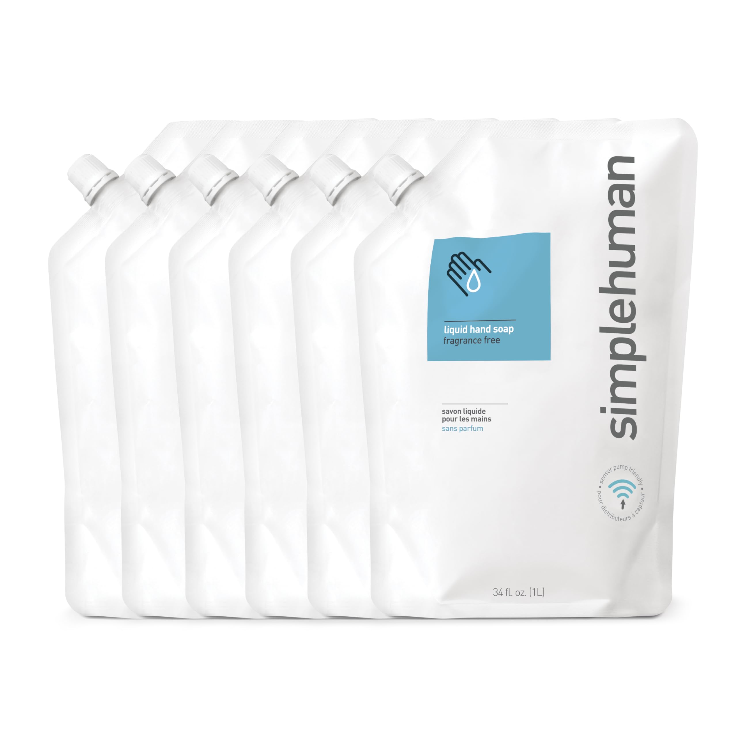 simplehuman Fragrance Free Moisturizing Liquid Hand Soap Refill Pouch, Clear Vitamin E (6 Pack)