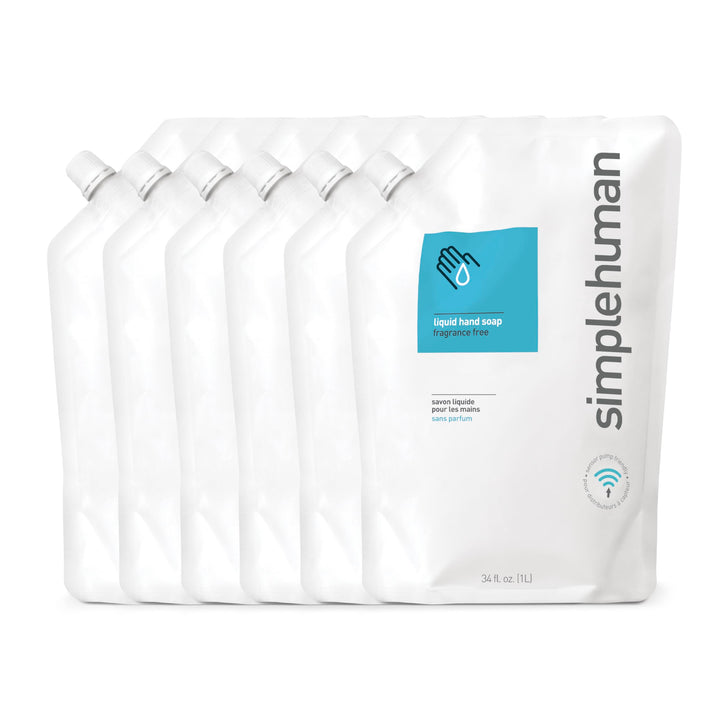 simplehuman Fragrance Free Moisturizing Liquid Hand Soap Refill Pouch, Clear Vitamin E (6 Pack)