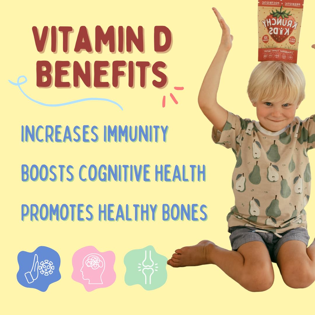Krunchy Kids 500IU Vitamin D3 Gummies - Organic, Plant-Based, Sugar-Free | Real Strawberry, Allulose, MCT-Oil, Agave | Supports Bones, Immunity, Mood & Sleep