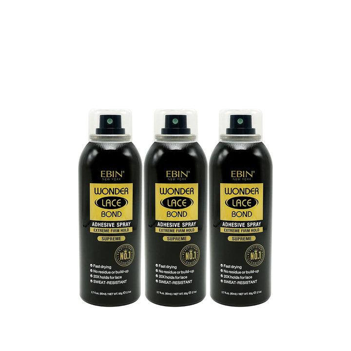 EBIN NEW YORK Wonder Lace Bond Adhesive Spray Supreme 3pack - Extreme Firm Hold 2.7oz/ 80ml | Active Use, Fast Drying, No Residue, No Build-up, Powerful Hold, All-Day Hold, Daily Wig Application