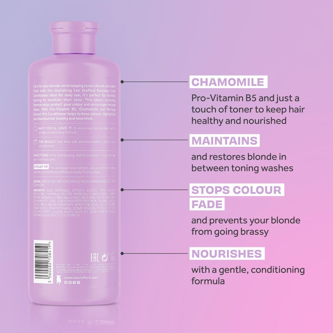 Lee Stafford Daily Blonde Conditioner | Bleach Blondes Everyday Care - Best to Neutralize Yellow Tones, Brighten & Refresh for a Lighter Blonde, Hydrating for Dry, Damaged Colored Hair, 16.7 Fl Oz