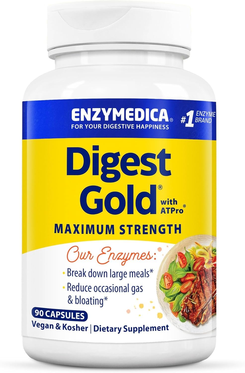 Enzymedica Digest Gold + ATPro, Maximum Strength Digestive Enzymes, Helps Digest Large Meals for Instant Bloating Relief, 90 Count