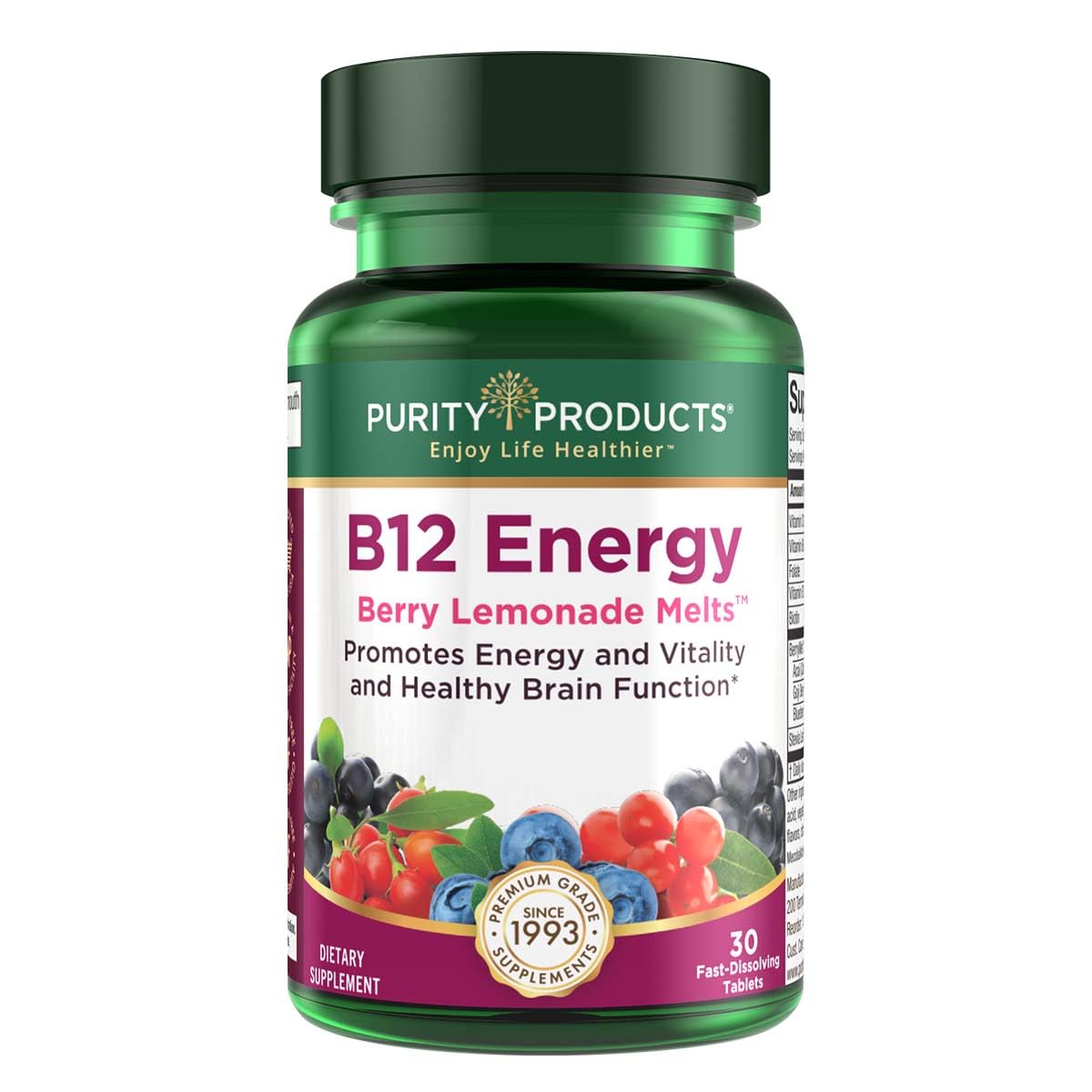 Purity Products B-12 Energy Berry Lemonade Melt w/Super Fruits Methylcobalamin B12 - Vitamins B6, D3, Folic Acid and Biotin - High Absorption MecobalActive B 12-30 Melting Tablets