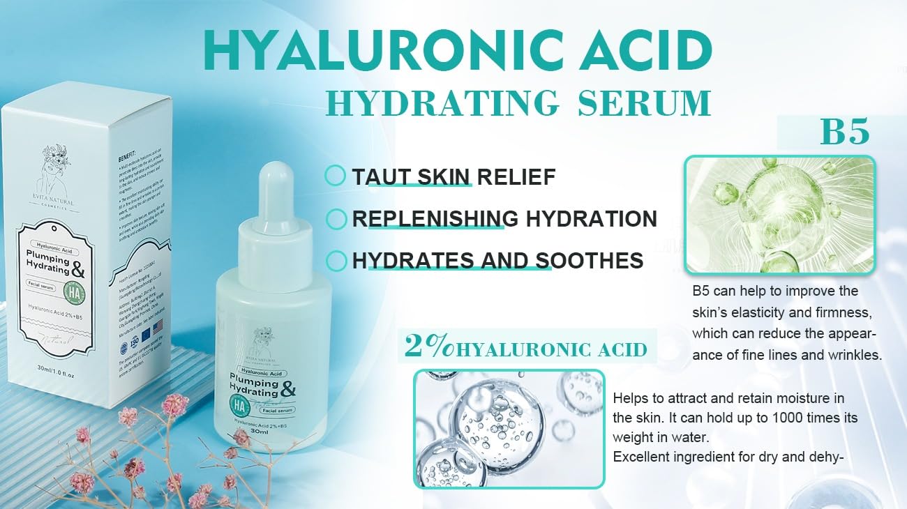 Evita Natural Cosmetics Hyaluronic Acid Serum 100% Natural Moisturizer with Vitamin B5 for Face and Neck. Dermatologically tested, Cruelty-Free, Paraben Free - 1 fl oz