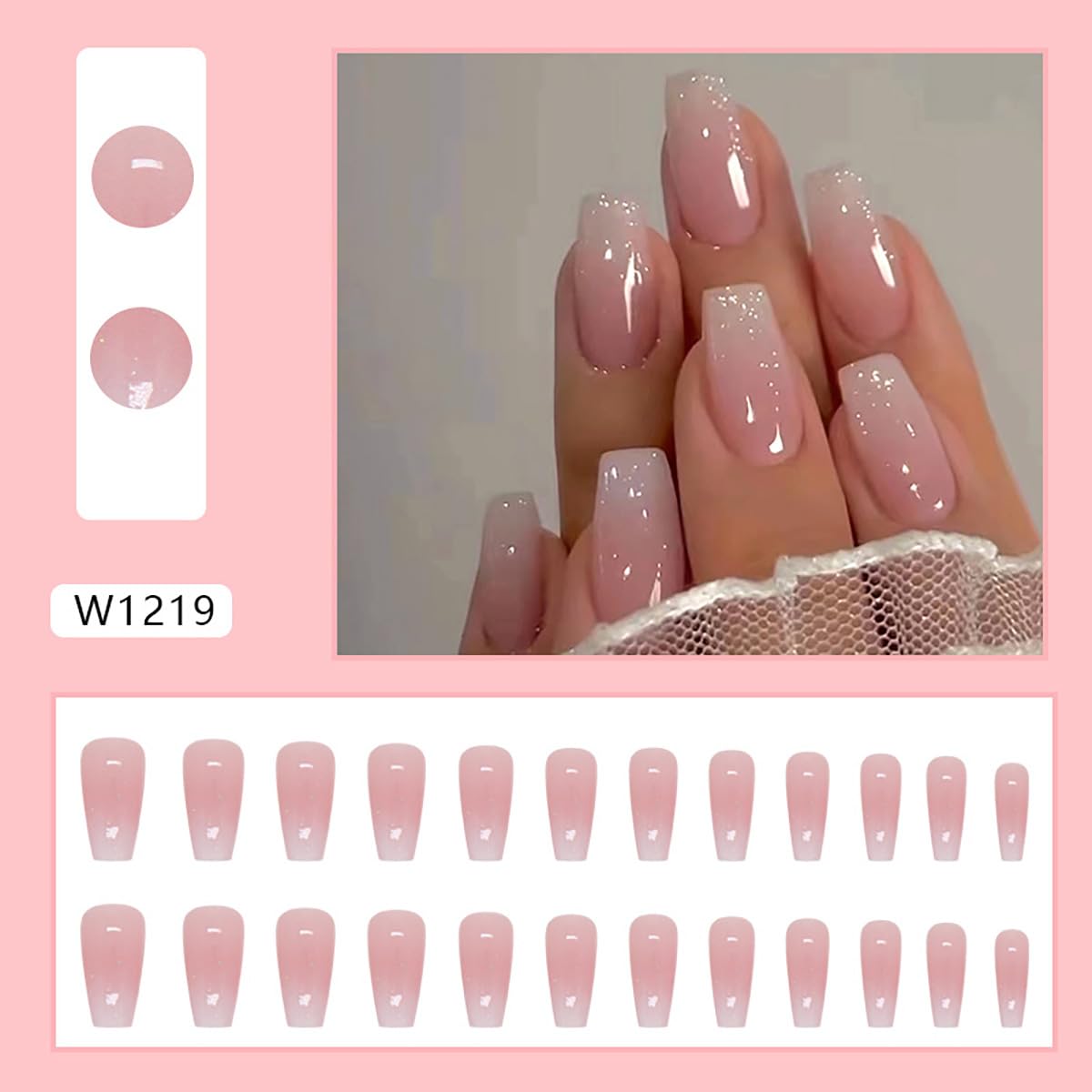 Medium Long Press on Nails Ombre Pink Fake Nails Glossy Glitter Full Cover Glue on Nails Bling Designs Natural Nude False Nails Reusable Artificial Acrylic False Nails for Women Manicure Salon Kit