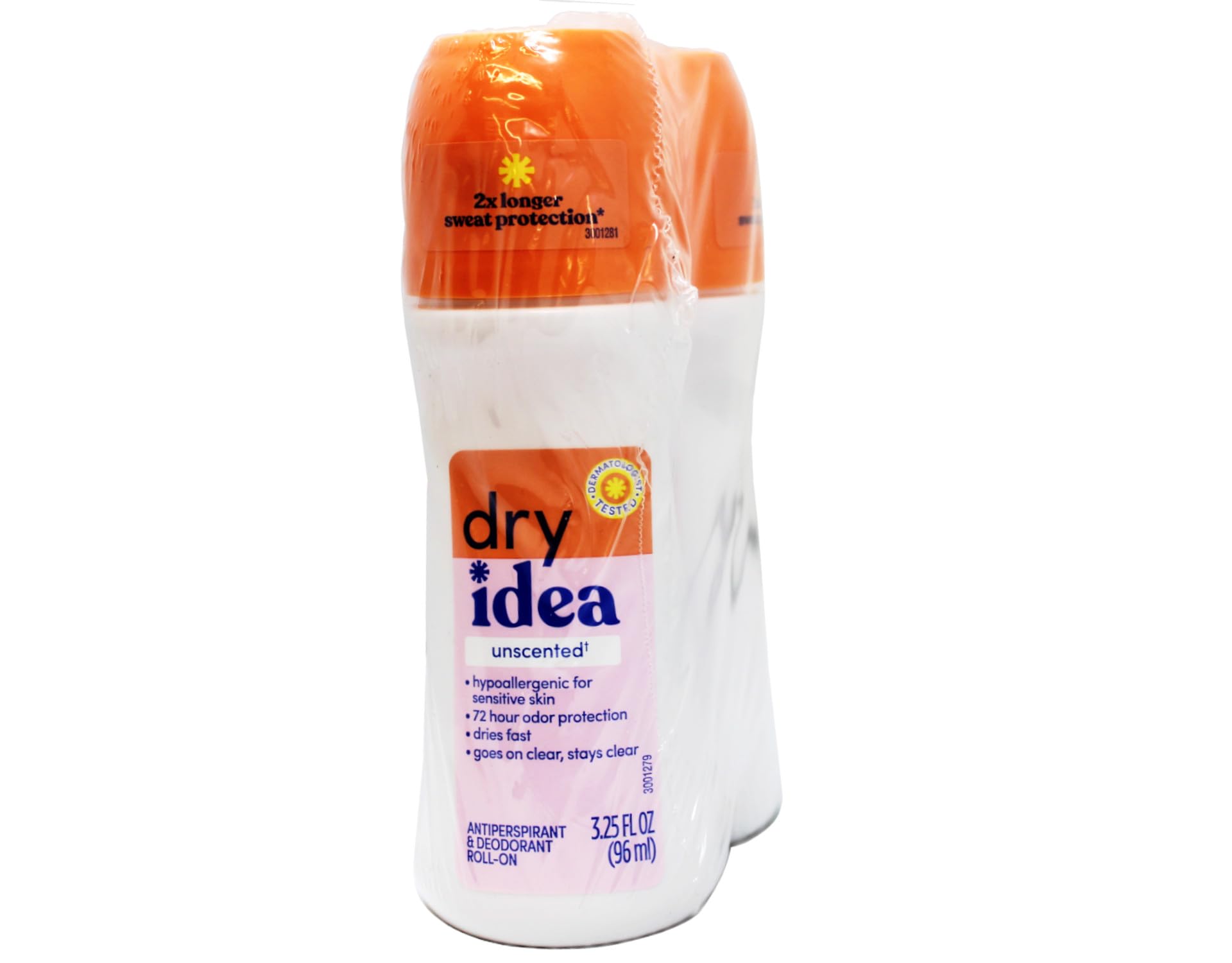 Dry Idea Advanced Roll on Antiperspirant and Deodorant, Unscented, Twin Pack - 3.25 Oz Ea, Unisex