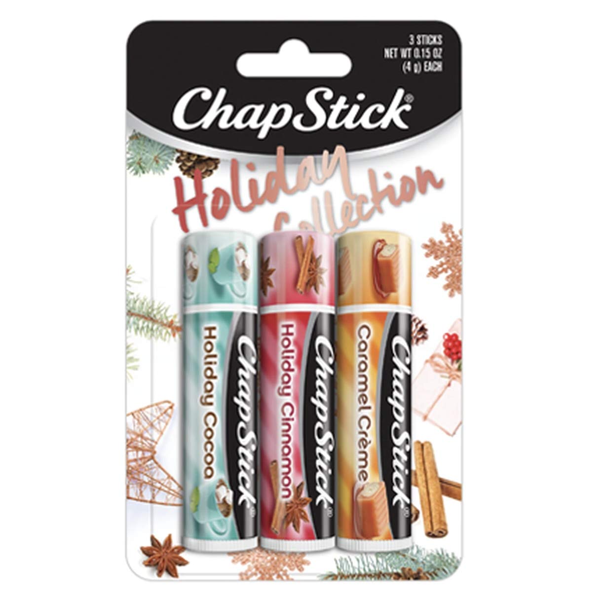 Chapstick Holiday Collection 2017, Pack of 3, Holiday Cinnamon, Caramel Creme & Holiday Cocoa, 0.15 Oz Ea