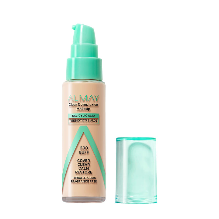 Almay Clear Complexion Acne Foundation Makeup with Salicylic Acid - Lightweight, Medium Coverage, Hypoallergenic, Fragrance Free, for Sensitive Skin , 200 Buff, 1 fl oz.