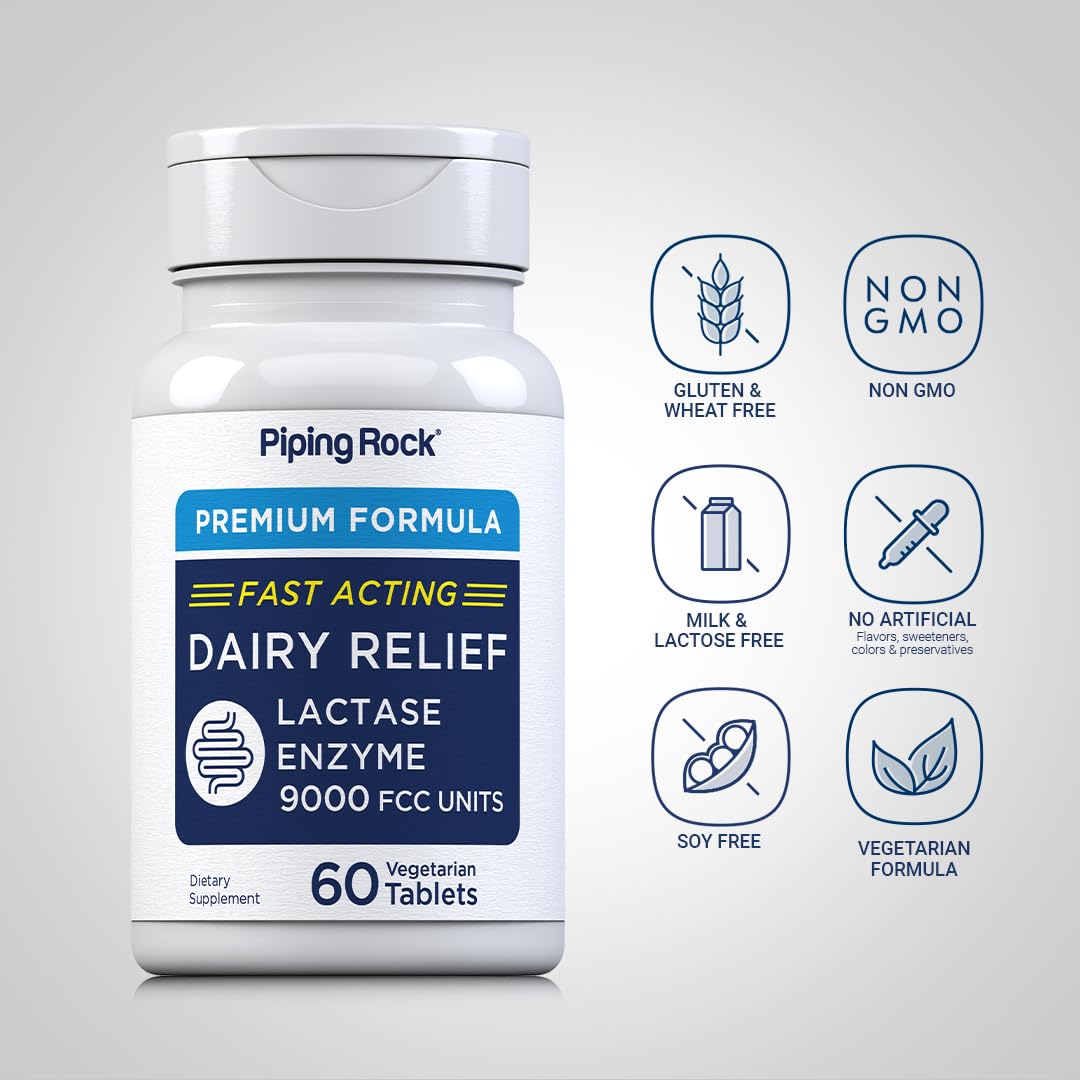 Piping Rock Dairy Relief Lactase Enzyme Tablets | 9000 FCC | 60 Pills | Fast Acting Supplement | Vegetarian, Non-GMO, Gluten Free