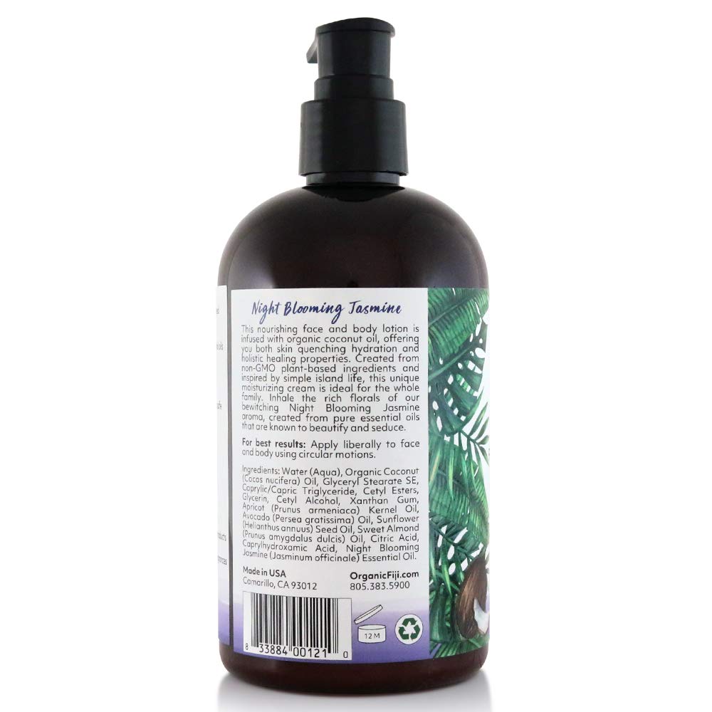 Organic Fiji Moisturizing Face and Body Organic Coconut Oil Lotion Night Blooming Jasmine 12 Ounce