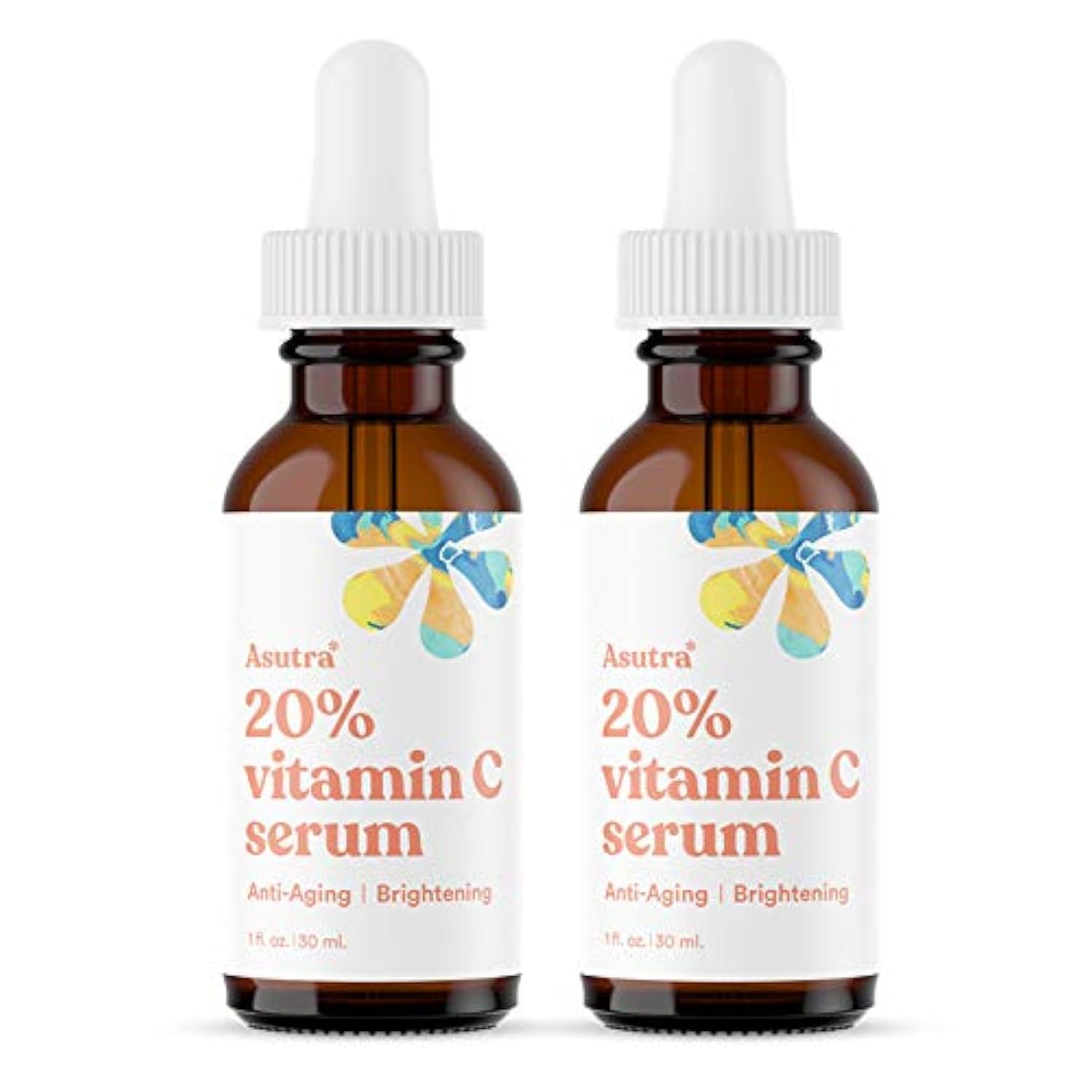 ASUTRA 20% Vitamin C Serum, 1 fl oz (Pack of 2) - Ferulic & Hyaluronic Acid, Vitamin E, Aloe, Jojoba, Brightening Face Serum