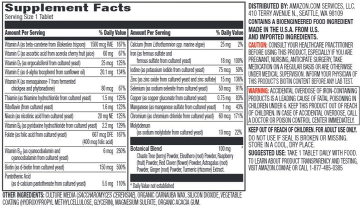 Amazon Elements Women’s One Daily Multivitamin, 59% Whole Food Cultured, Vegan, 65 Tablets, 2 month supply (Packaging may vary)