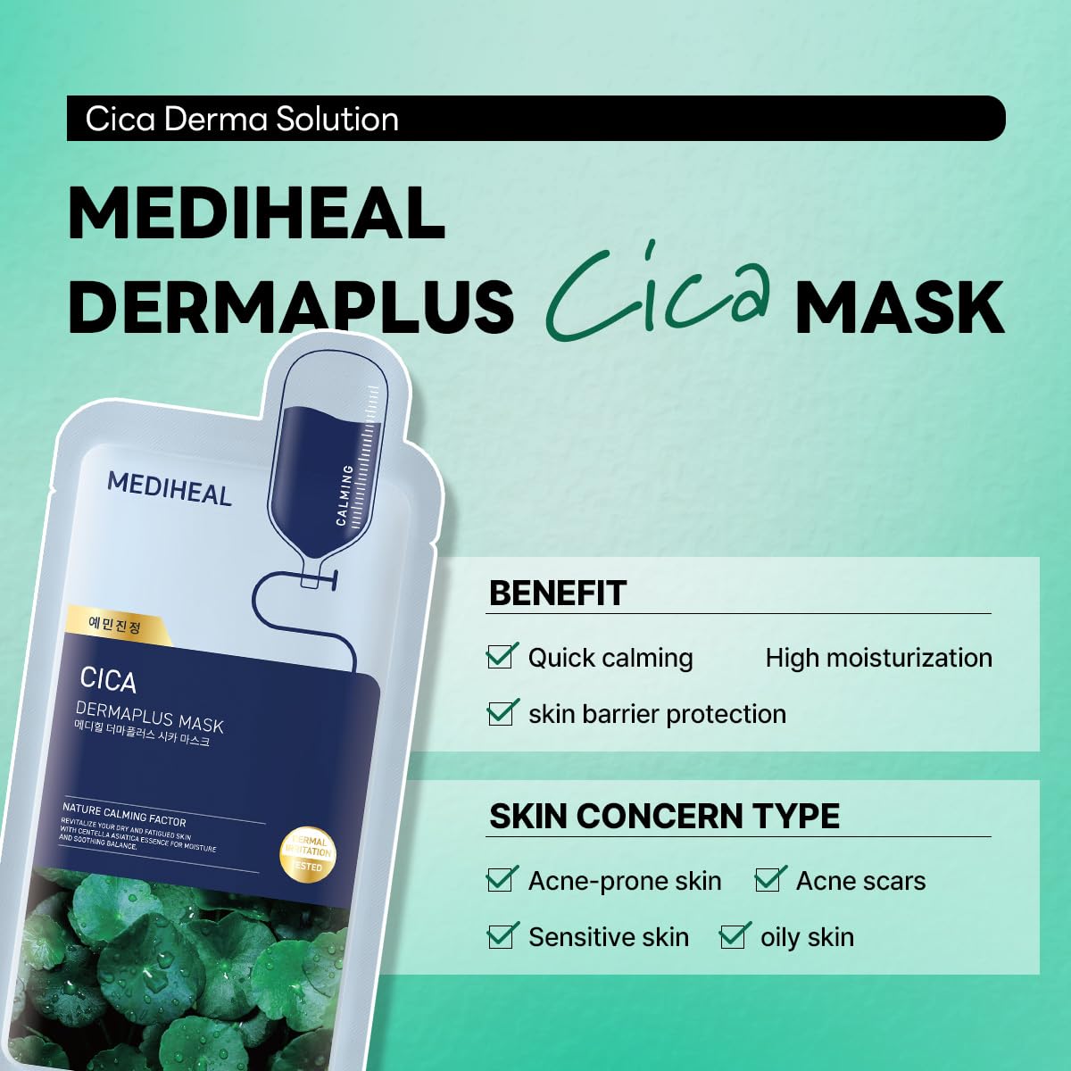 Mediheal Dermaplus Cica Mask (10 Counts) - Daily Vegan Mask for Calming Skin with Panthenol & Hyaluron, Korean Self Skin Care Sheet Mask