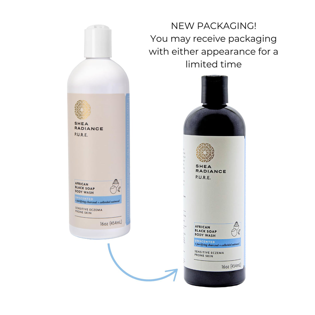 Shea Radiance African Black Soap Body Wash - Dry Skin, Eczema, Rashes, Blemish Cleanser | Unscented (16 oz)