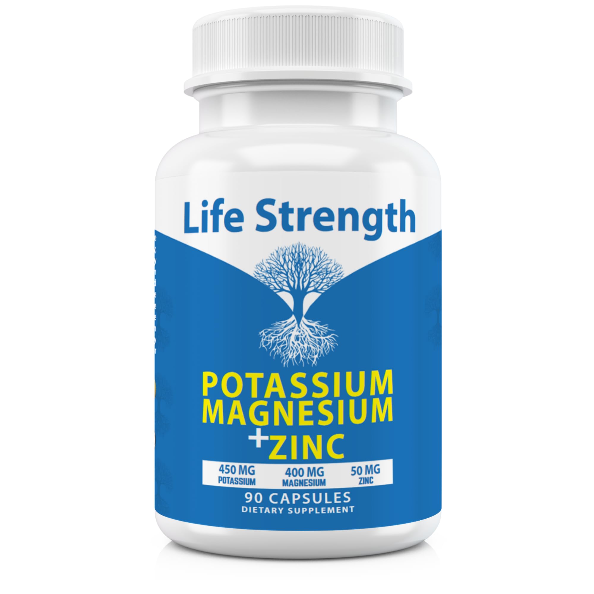 Life Strength Magnesium Potassium Supplements + Zinc 90 Capsules for Vascular Health – High Absorption Vegan, Natural ingredients Supplement for Leg Cramps and Sleep