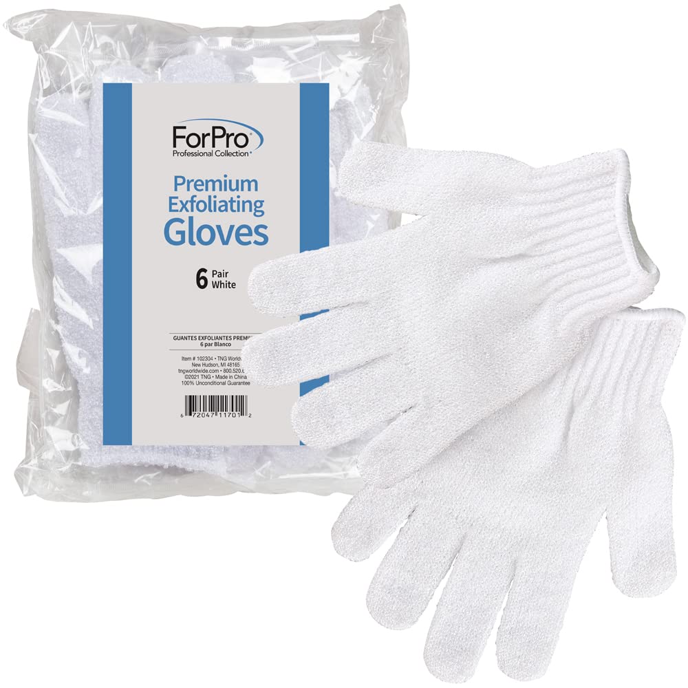 ForPro Premium Exfoliating Gloves, White, Extra-Thick, Body Exfoliating Shower and Bath Gloves, 6-Pair