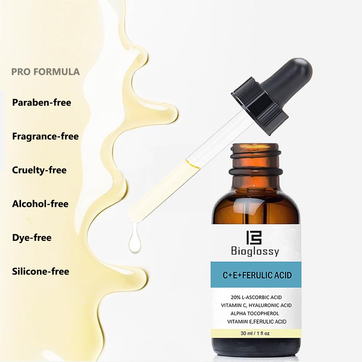 Bioglossy Vitamin CE Ferulic Acid Serum 20% Vitamin C Serum + Vitamin E & Hyaluronic Acid - Skin Moisturizer Face Dark Spot Corrector and Anti Aging 30ml / 1 fl.oz