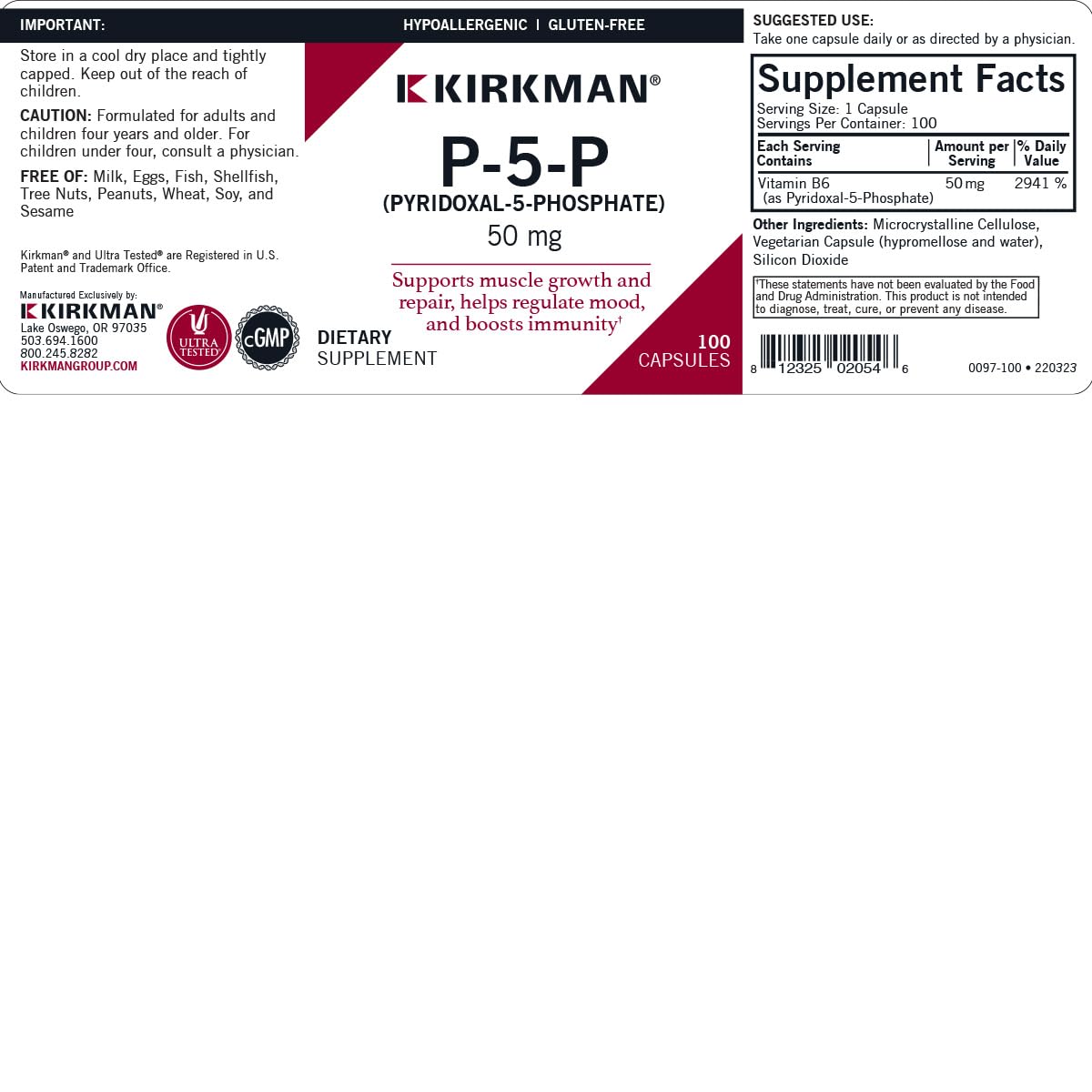 Kirkman – P-5-P (Pyridoxal 5-Phosphate, Vitamin B-6 Metabolite) 50 mg - Hypoallergenic 100 Count