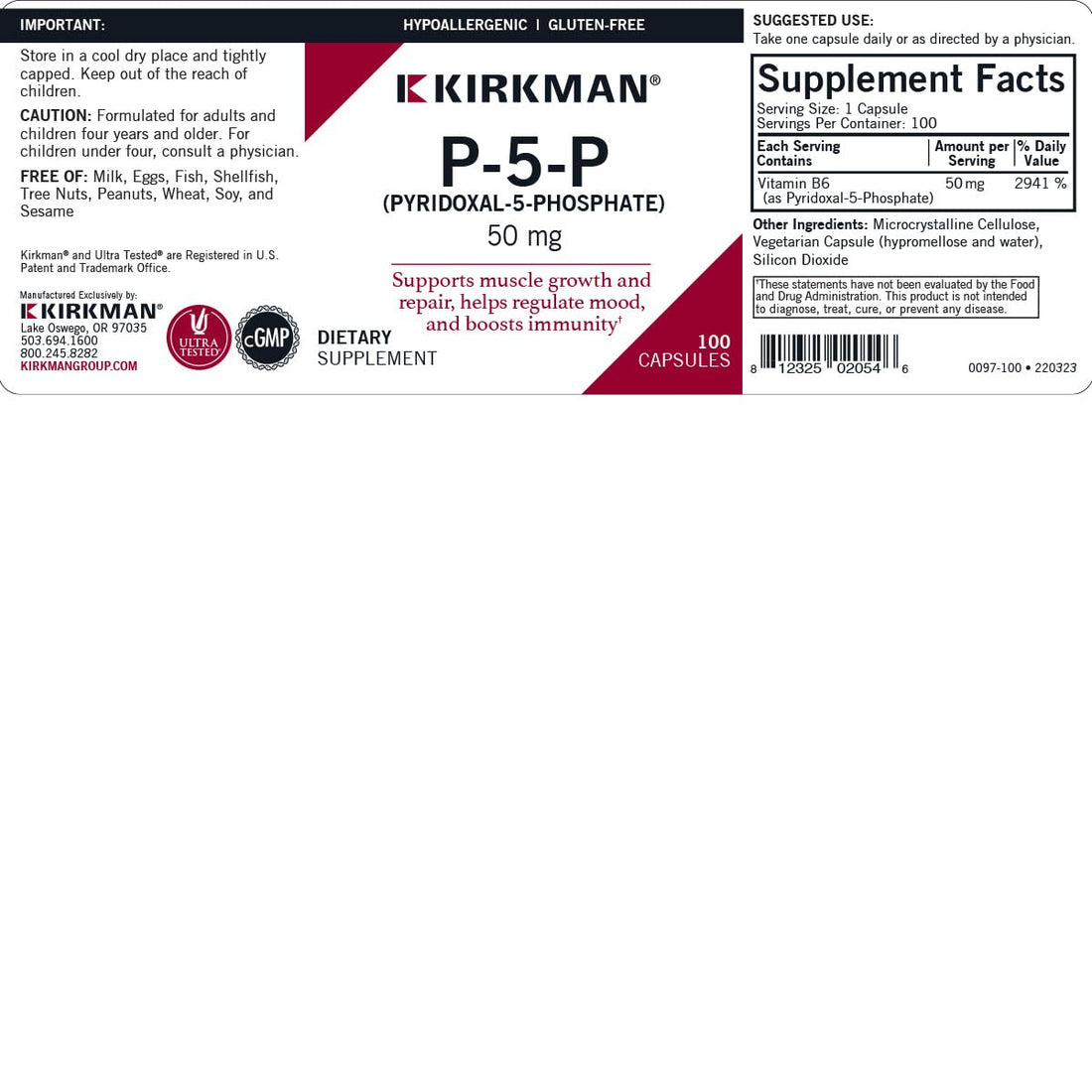 Kirkman – P-5-P (Pyridoxal 5-Phosphate, Vitamin B-6 Metabolite) 50 mg - Hypoallergenic 100 Count