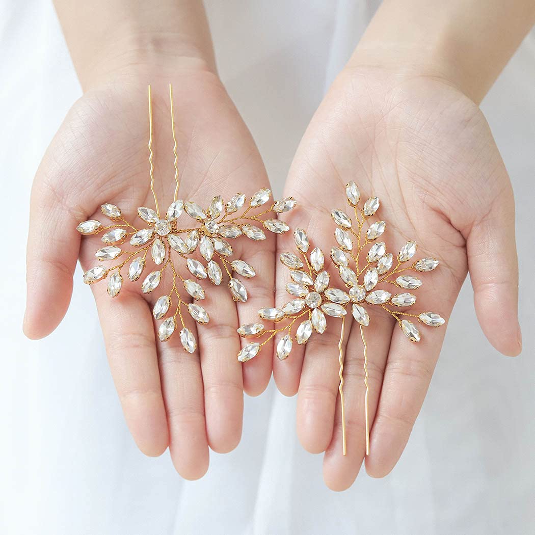 Gold: Unicra Wedding Crystal Flower Hair Pins Decorative Wedding Bridal Hair Accessories For Brides Pack Of 2 (Gold)