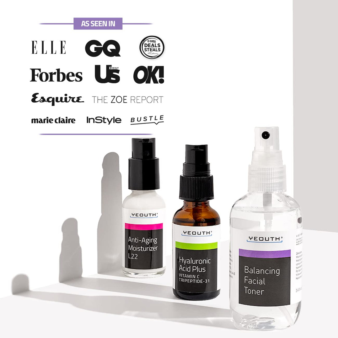Best Anti-Aging 3 Pack Skin Care System by YEOUTH, Professional Grade Hyaluronic Acid Plus, Patented L22 Facial Moisturizer, and Balancing Facial Toner - You will love it or your money back!