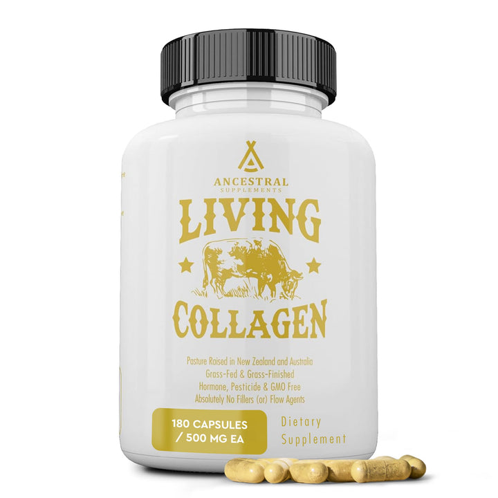 Ancestral Supplements Grass Fed Beef Living Collagen Nutritional Powder Supplement, 3000mg, Promotes Healthier, Younger Looking Skin, Hair, Nails and Joints, Type II, 180 Capsules