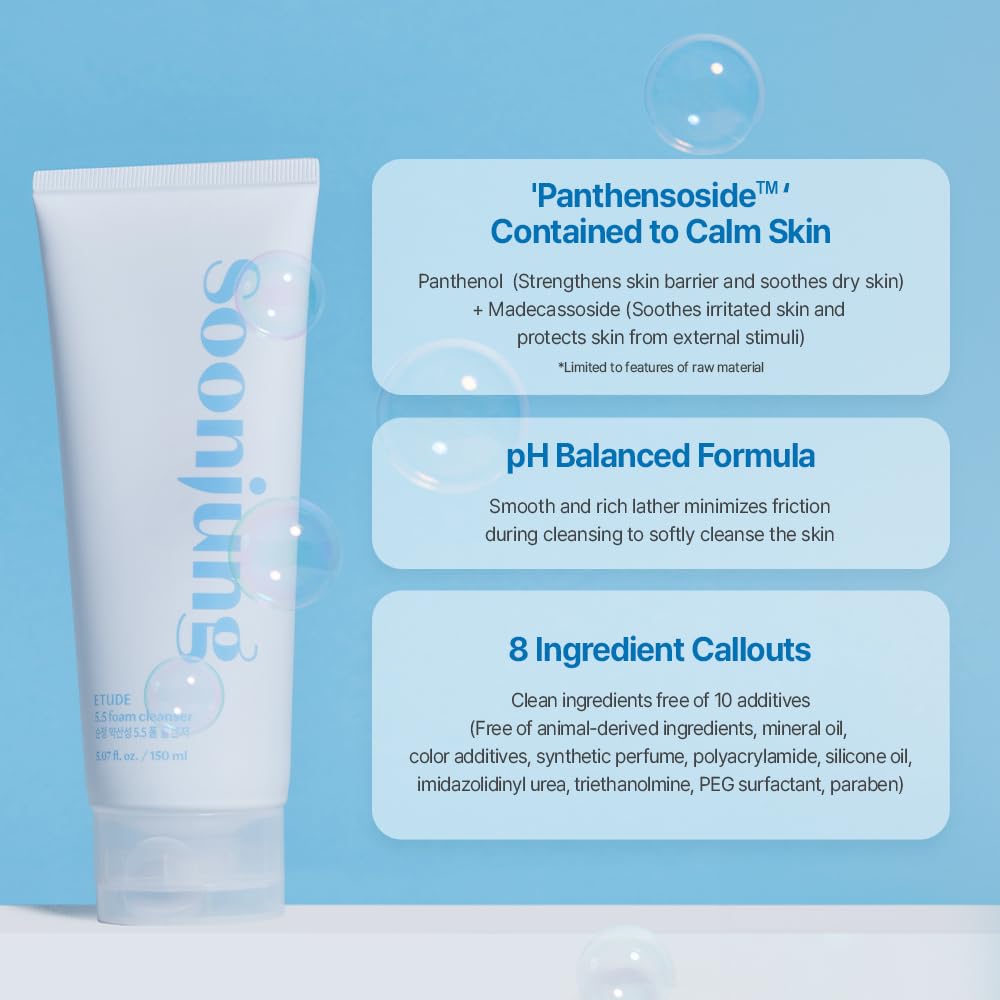 ETUDE SoonJung 5.5 Foam Cleanser 5.1 fl. oz. (150ml) 23AD | Soft Bubble Hydrating Vegan Facial Cleanser for Sensitive Skin | Fragrance-Free Low-pH Korean Cleansing Wash | Korean Skin Care, Kbeauty