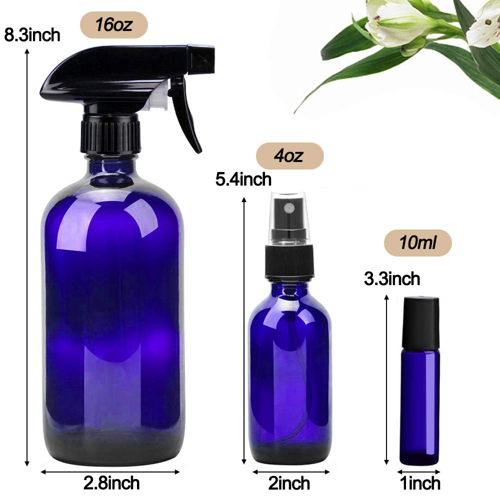 Glass Spray Bottles Kits, BonyTek Empty 12 10 ml Roller Bottles, 12 Amber Essential Oil Bottle(216oz,24oz,82oz) with Labels for Aromatherapy Cleaning Products