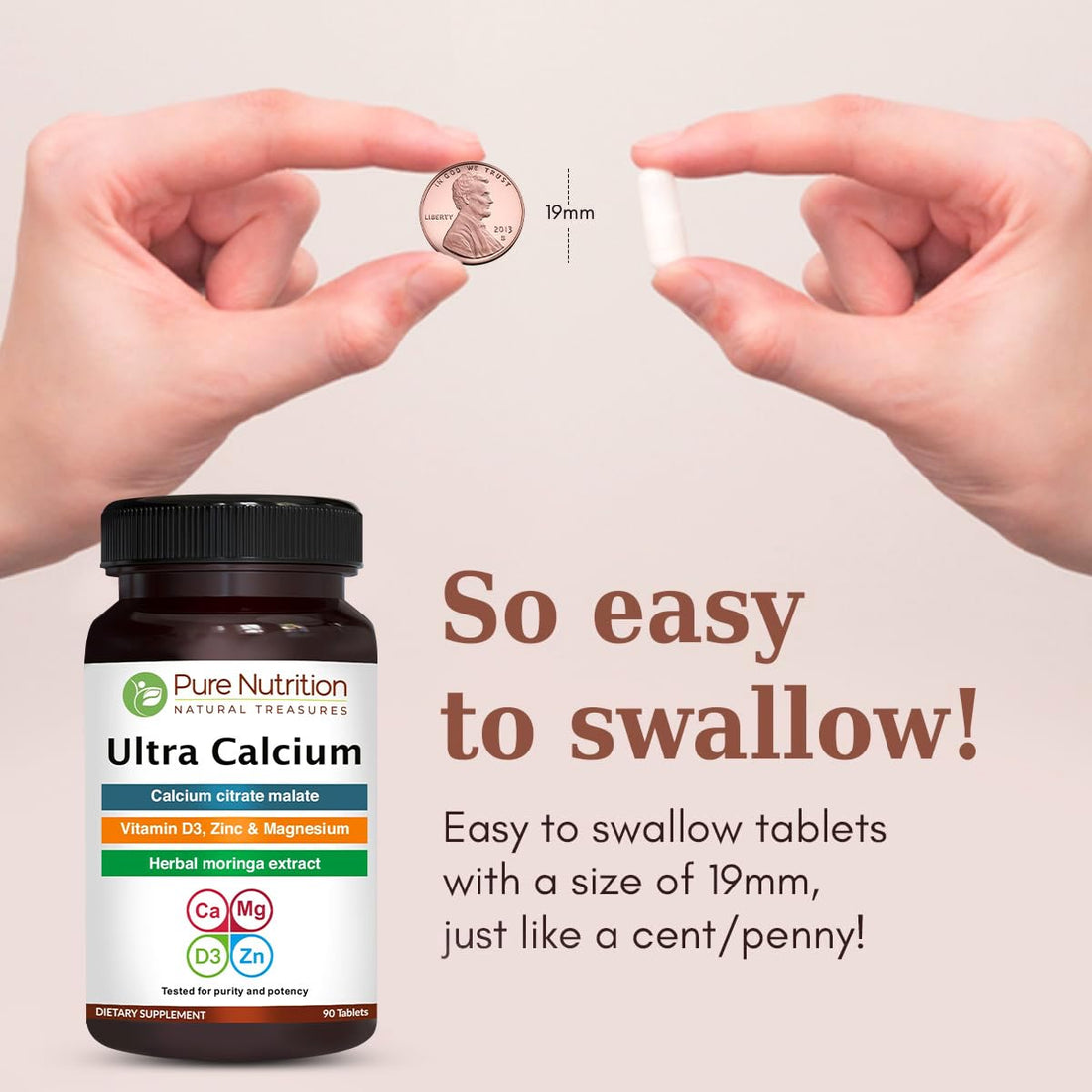 Pure Nutrition Ultra Calcium Citrate 1000mg Highly absorbable Calcium Supplement with Calcium Citrate Malate, Vitamin D, Zinc and Magnesium - 1 Tablet Daily (90 Veg Tabs) Non-GMO | Gluten-Free