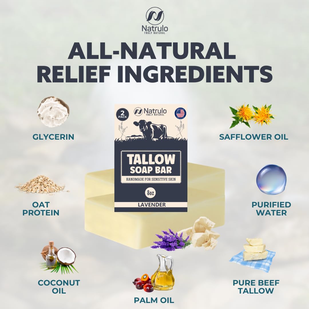 Beef Tallow Soap Bar – All Natural Grass Fed Tallow Soap Lavender – Moisturizing Face & Body Wash Great for Eczema, Dry, Itchy, Sensitive Skin – Handcrafted Bath Soap for Adults, Kids, Made in USA