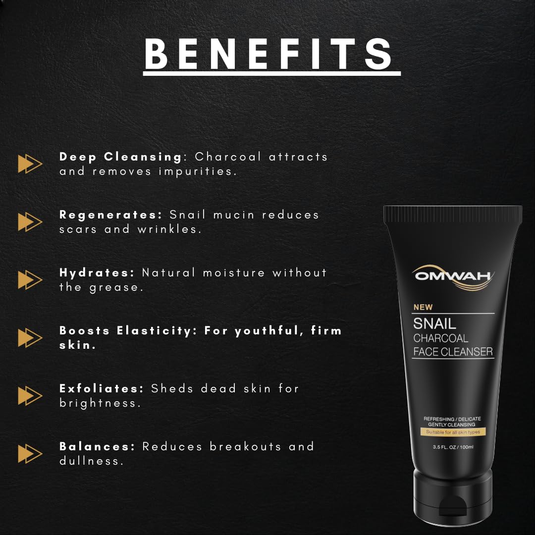 OMWAH Advanced Snail Mucin Gel Face Cleanser Infused with Activated Charcoal | Rich Daily Deep Cleansing Gel (3.5 OZ)