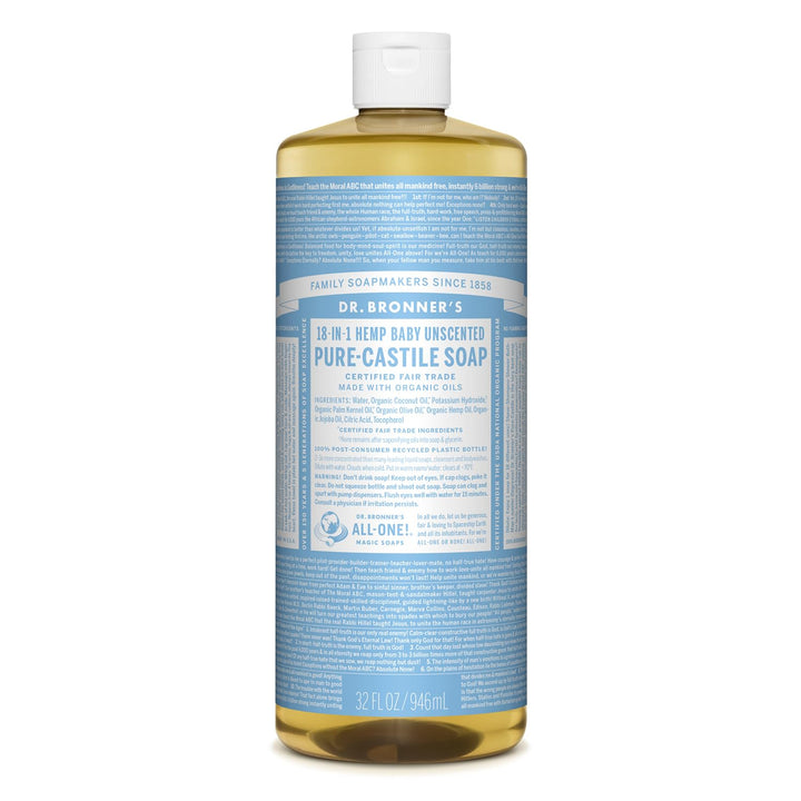 Dr. Bronner's - Pure-Castile Liquid Soap (Baby Unscented, 32 ounce, 2-Pack) - Made with Organic Oils, 18-in-1 Uses: Face, Hair, Laundry and Dishes, For Sensitive Skin and Babies, No Added Fragrance