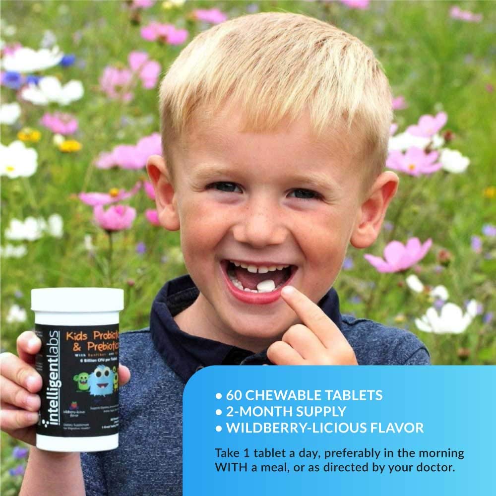 Intelligent Labs 6 Billion CFU Kids/Children's Probiotics with Prebiotics, Sunfiber and Fos, for 10x More Effectiveness, One A Day Great Taste Chewable Probiotic, 2 Months Supply Per Bottle