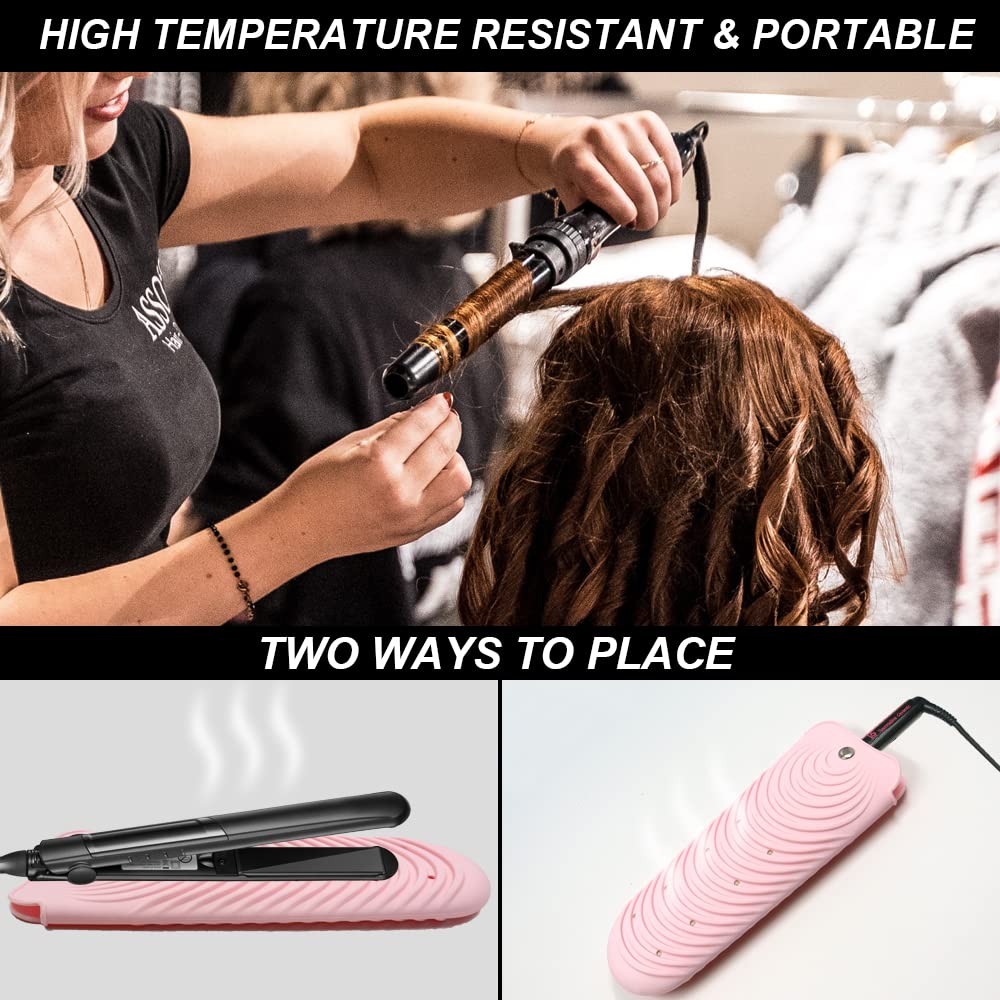 Heat Resistant Silicone Mat Pouch for Hair Straightener, Non-Slip Travel Pad Cover for Curling & Flat Iron, Portable Styling Heat Mat Holder for Curler Wand and Hot Waver (Pink)