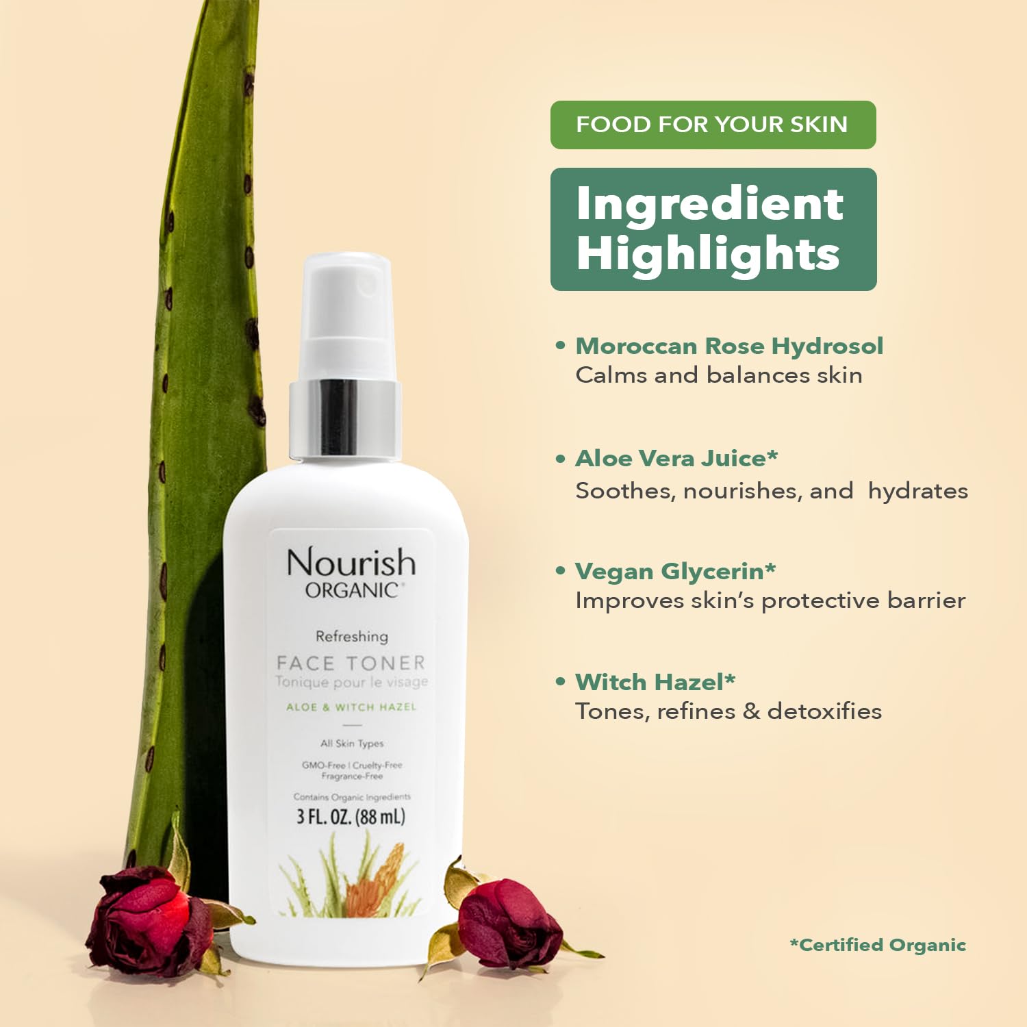 Nourish Organic Refreshing & Balancing Face Toner, Rosewater and Witch Hazel, 3 Ounce